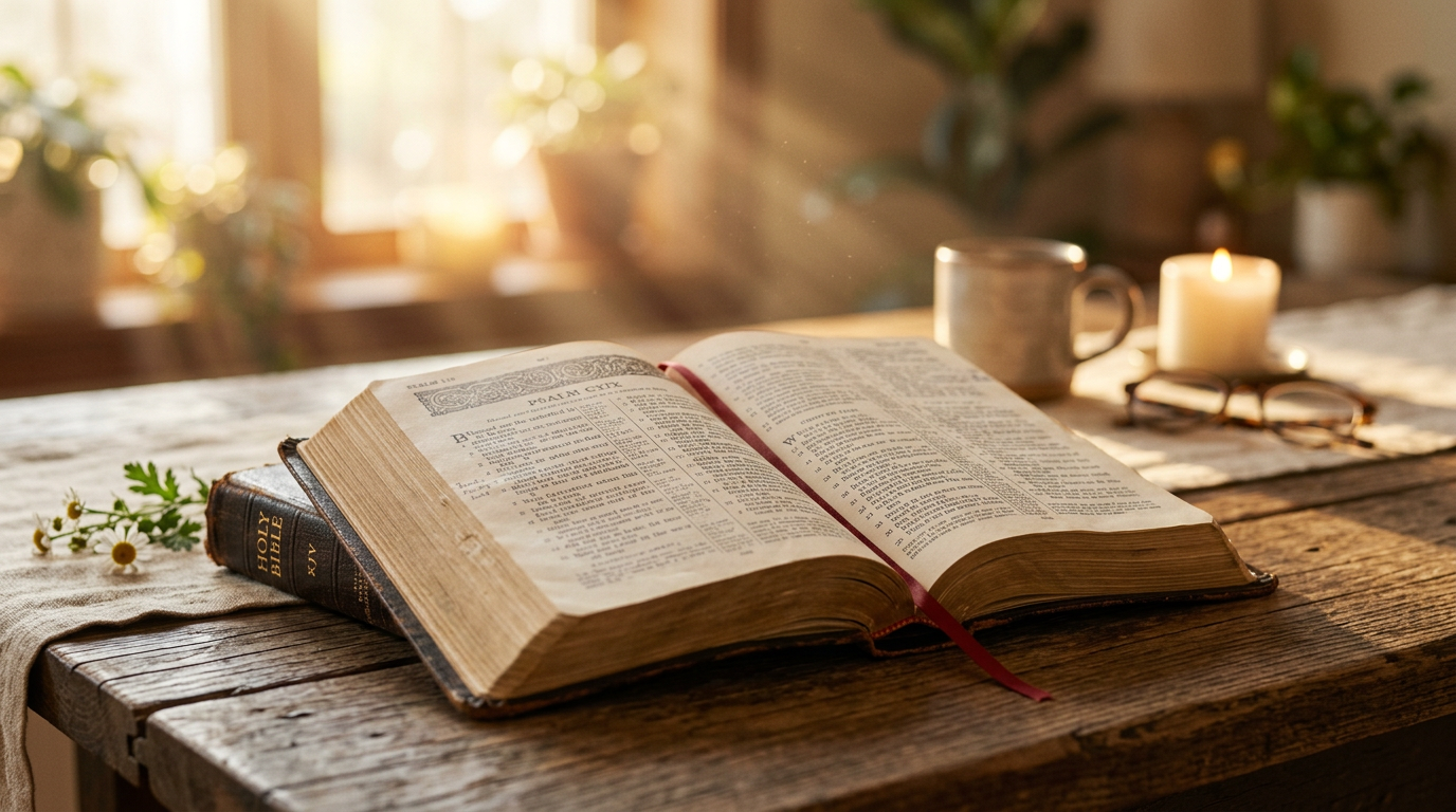 Open Holy Bible with warm morning sunlight streaming across a wooden table - 30-Day Gospel Challenge